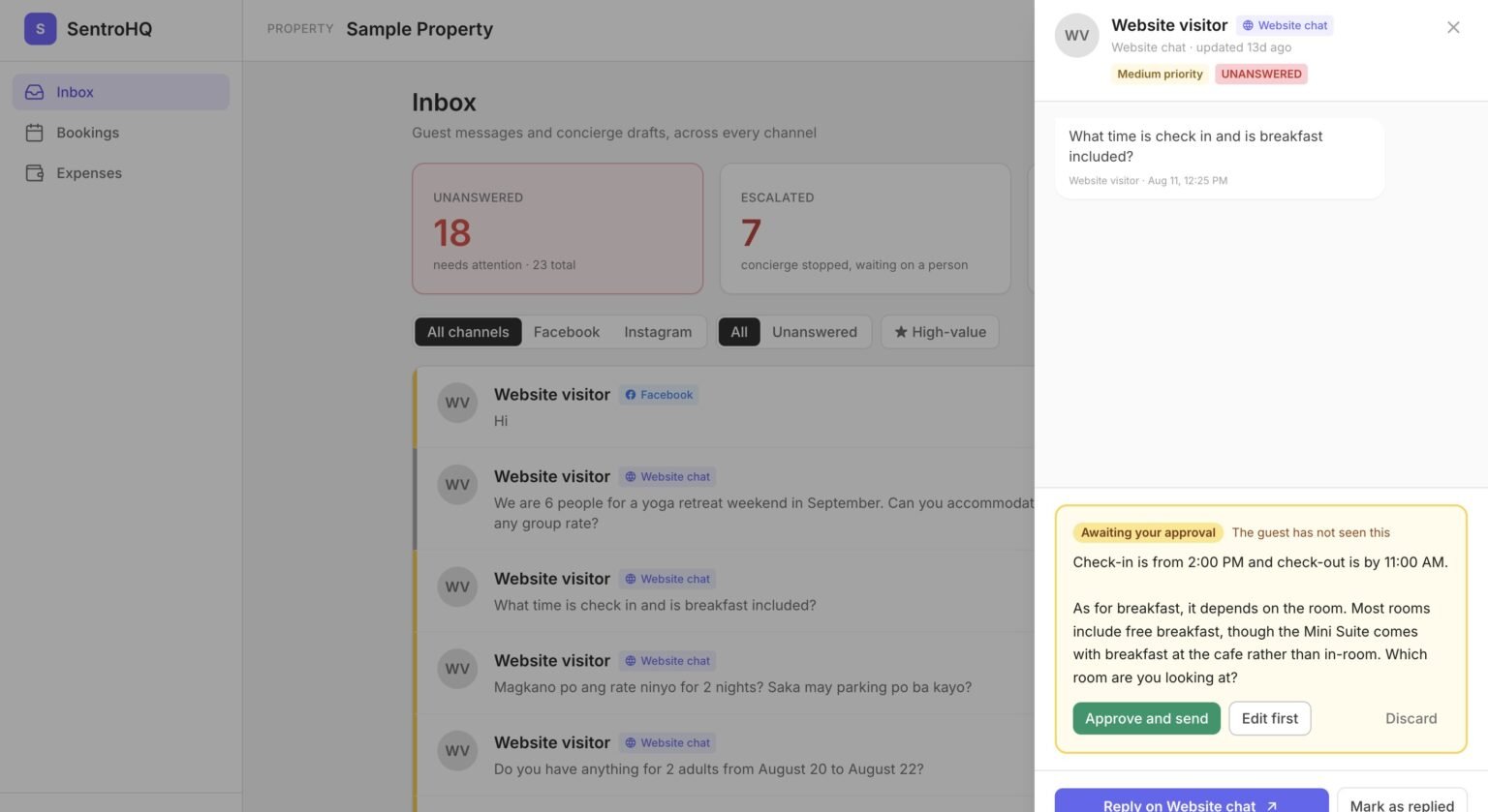 The Sentro HQ inbox, with a guest question and an AI-drafted reply waiting for approval.