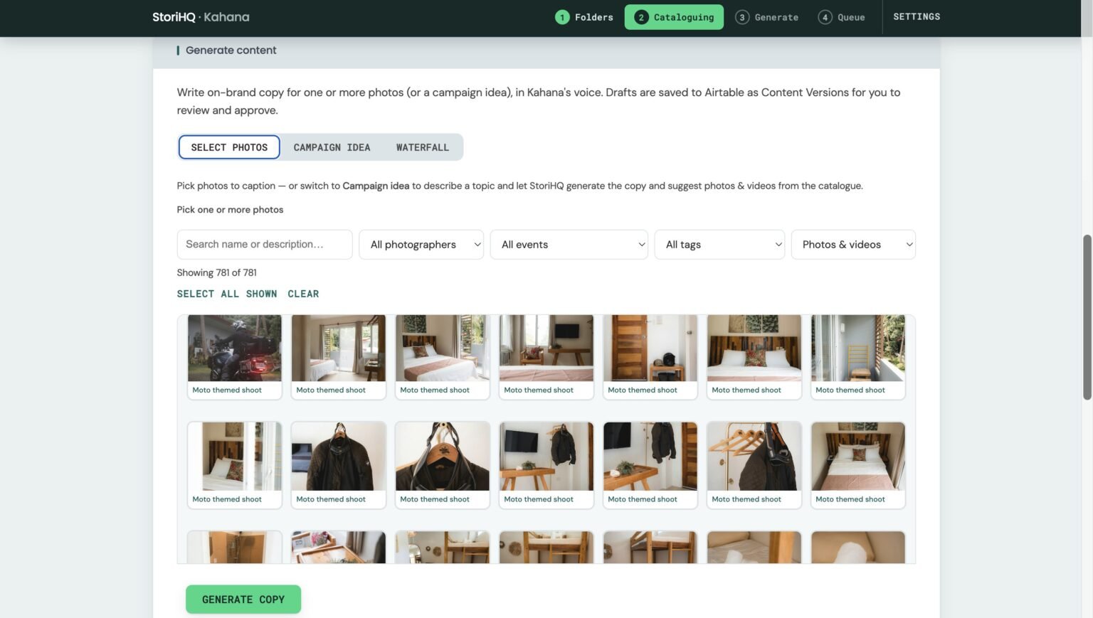 A catalogued photo library in StoriHQ, every shot labelled and searchable.